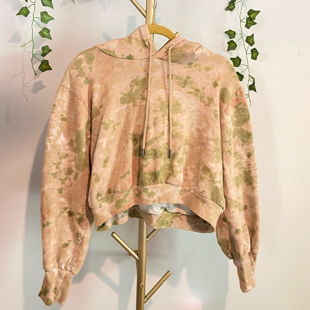 Pink and Green Tie Dye Cropped Hoodie